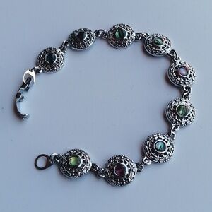 Abalone Paua Shell Bracelet Multi Coloured Silvertone Hinged Closure